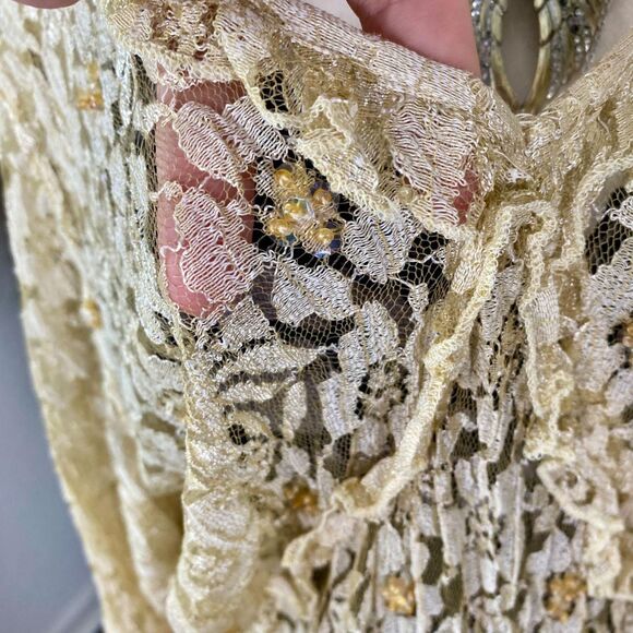 Lola P. Cream Nude White Sheer Lace Sequin Ruffle Pirate Wench Flowy Blouse XL - Picture 6 of 8